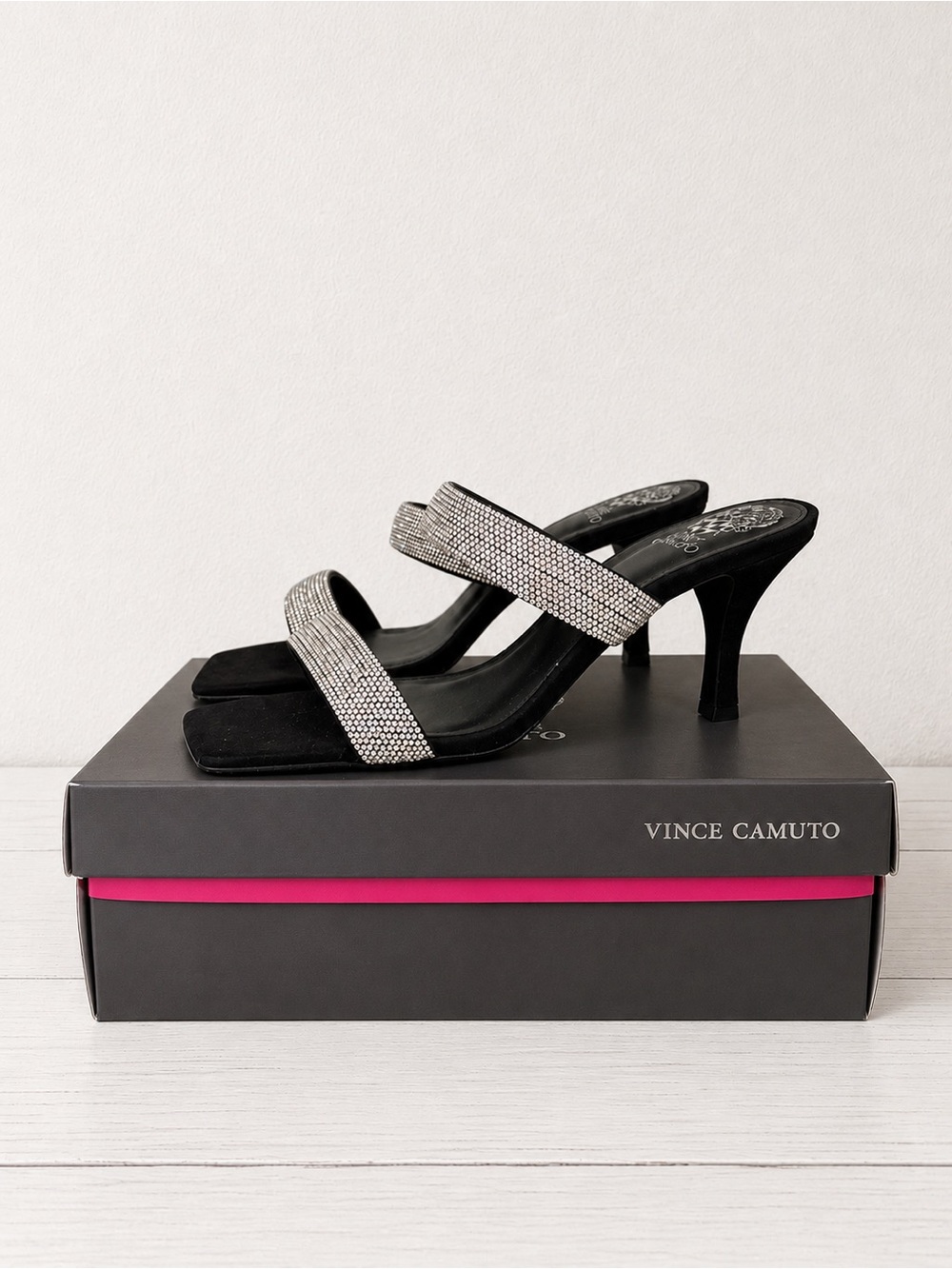 Vince Camuto Black Suede And Rhinestone Strappy Open Toe Kitten Dress Mule Heels
